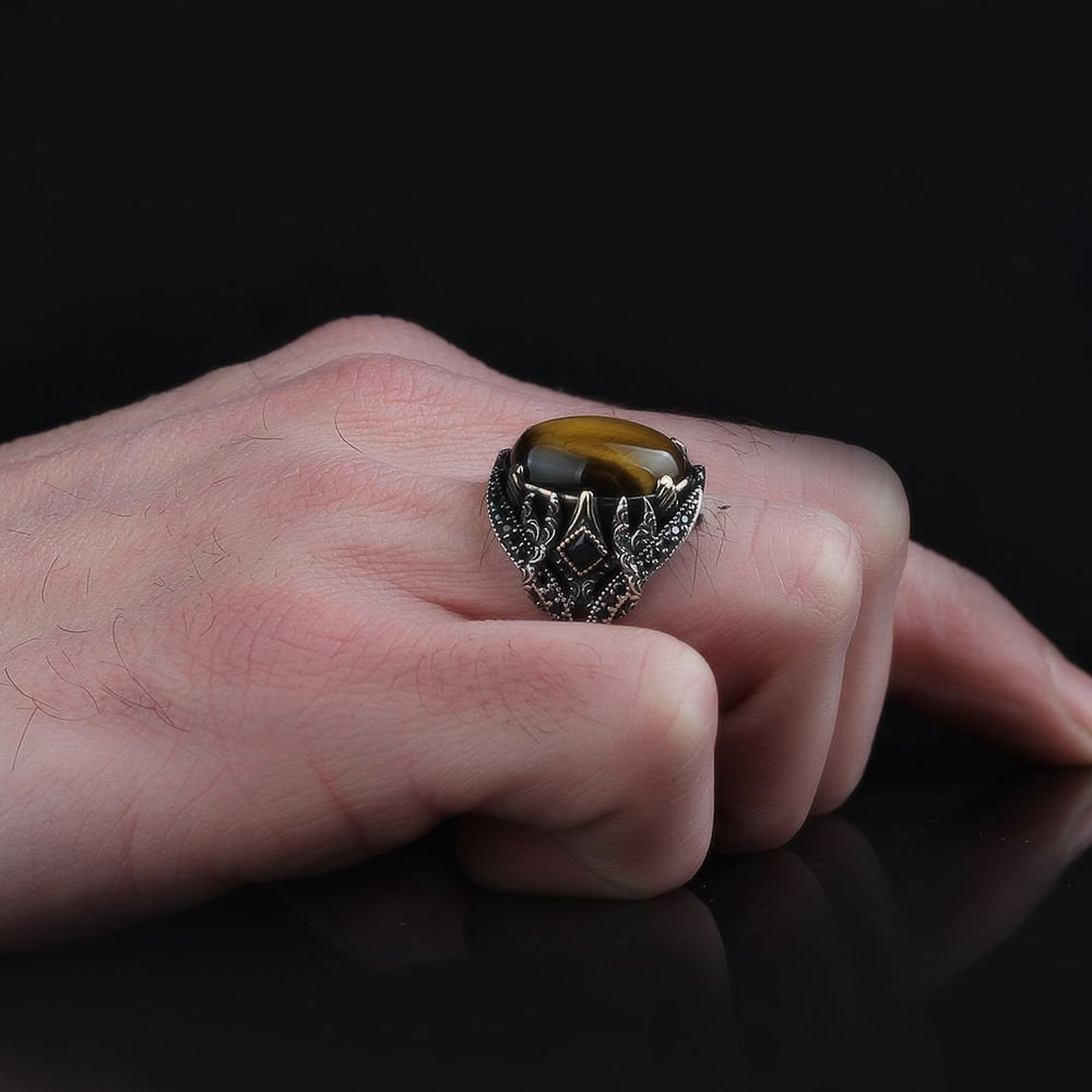 Tesbihevim | Men's Silver Ring with Tiger's Eye Stone