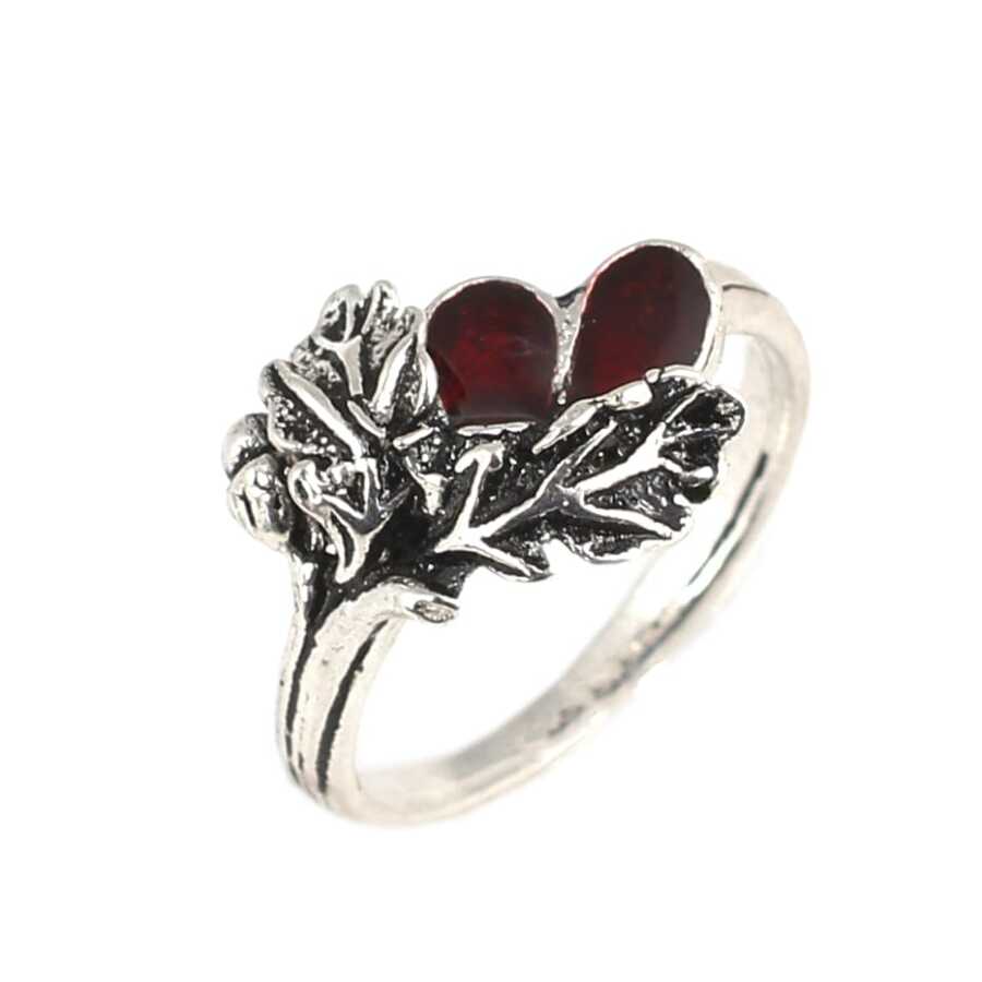 Premium Sterling Silver Red Enamel Leaf Ring