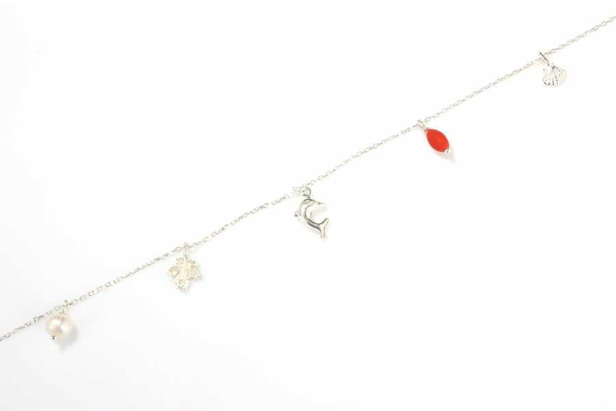 925 Sterling Silver Trendy Summer Charm Anklet - Pearl & Coral