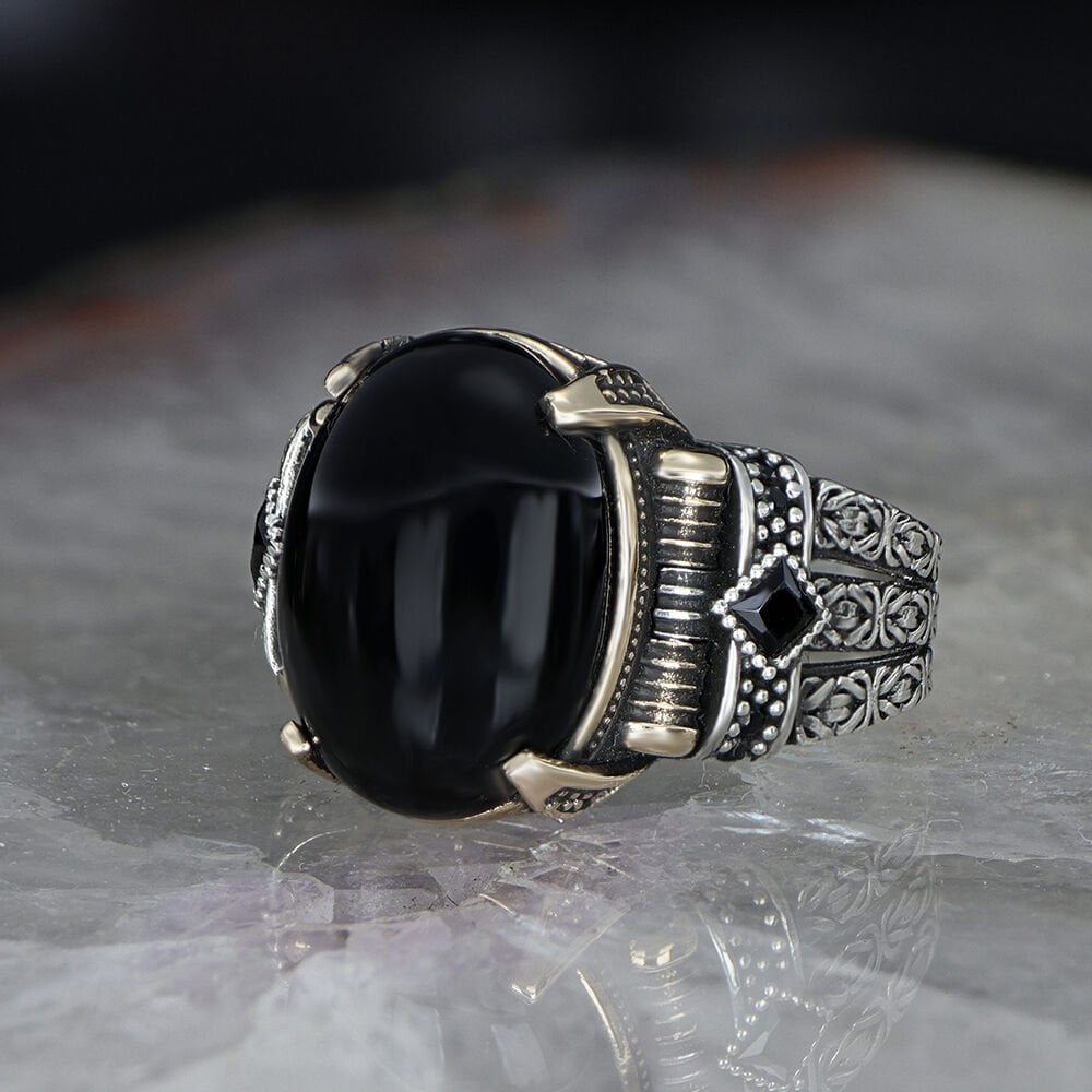 Tesbihevim | Chain Series Men's Silver Ring with Onyx Stone