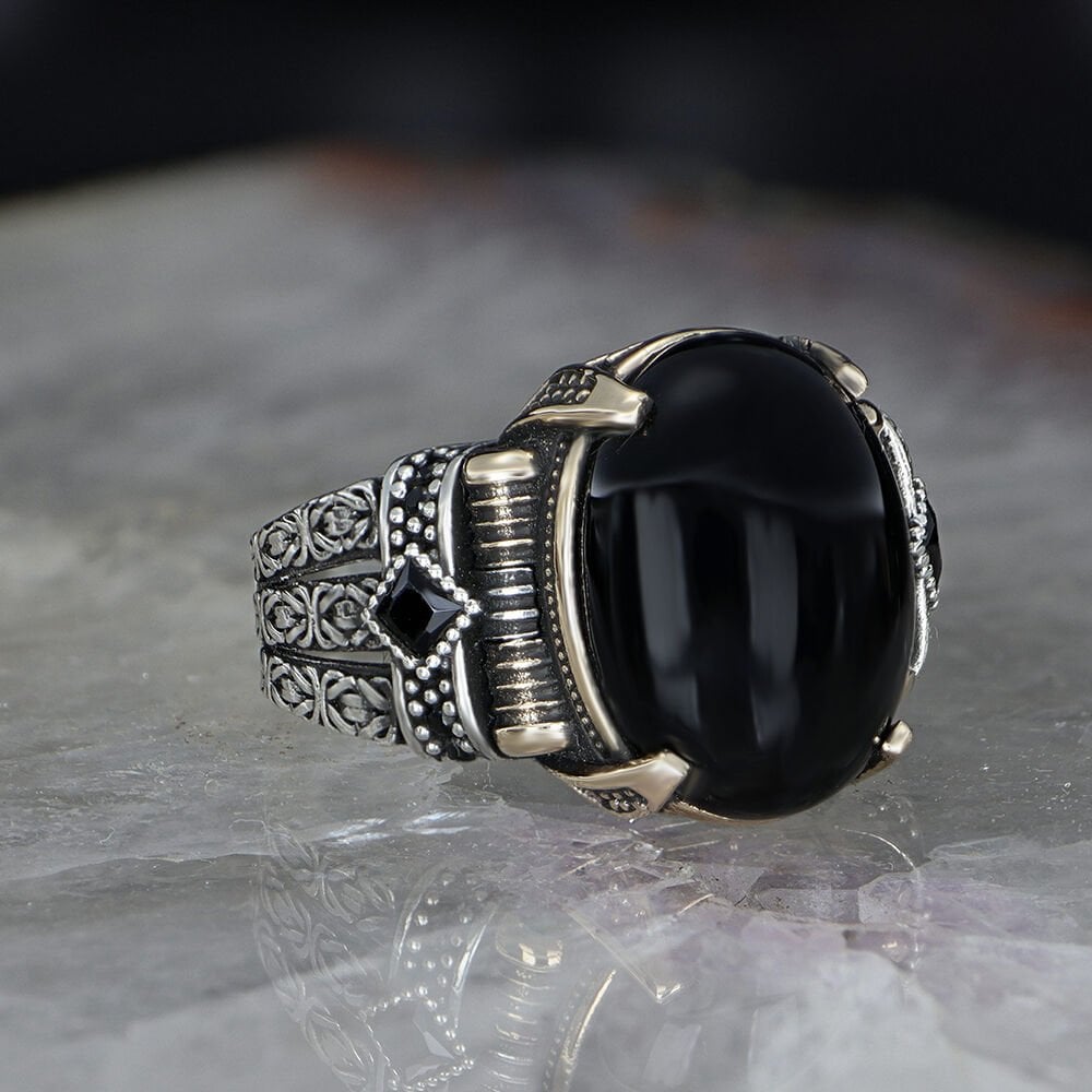 Tesbihevim | Chain Series Men's Silver Ring with Onyx Stone