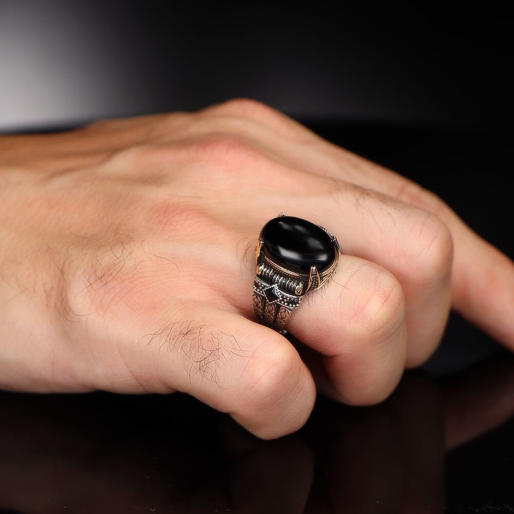 Tesbihevim | Chain Series Men's Silver Ring with Onyx Stone