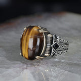 Tesbihevim | Chain Series Men's Silver Ring with Tiger's Eye Stone