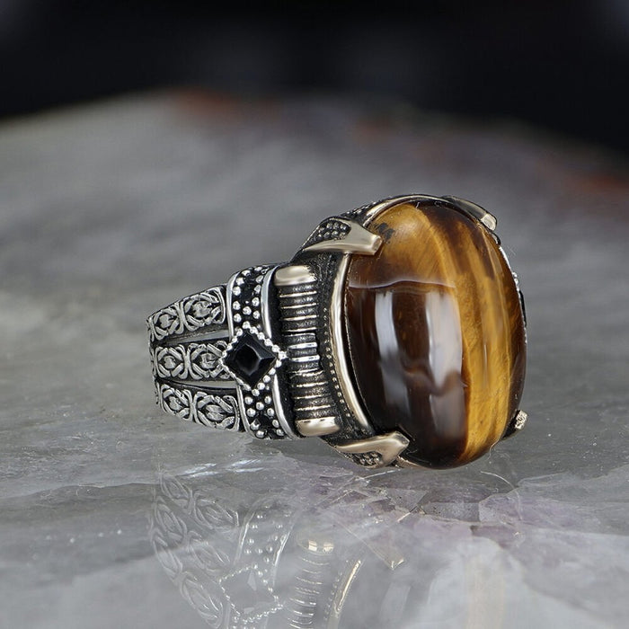 Tesbihevim | Chain Series Men's Silver Ring with Tiger's Eye Stone