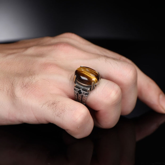 Tesbihevim | Chain Series Men's Silver Ring with Tiger's Eye Stone