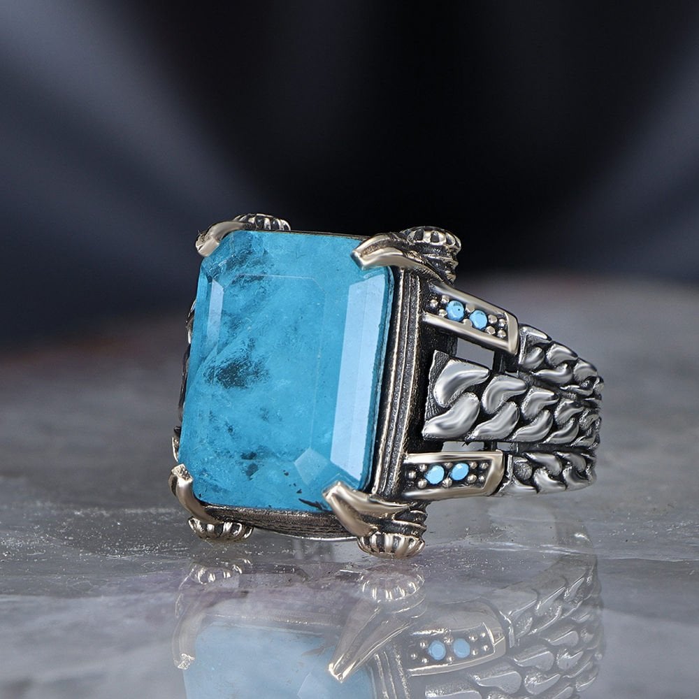 Tesbihevim | Chain Series Men's Silver Ring with Paraiba Stone - TryAladdin