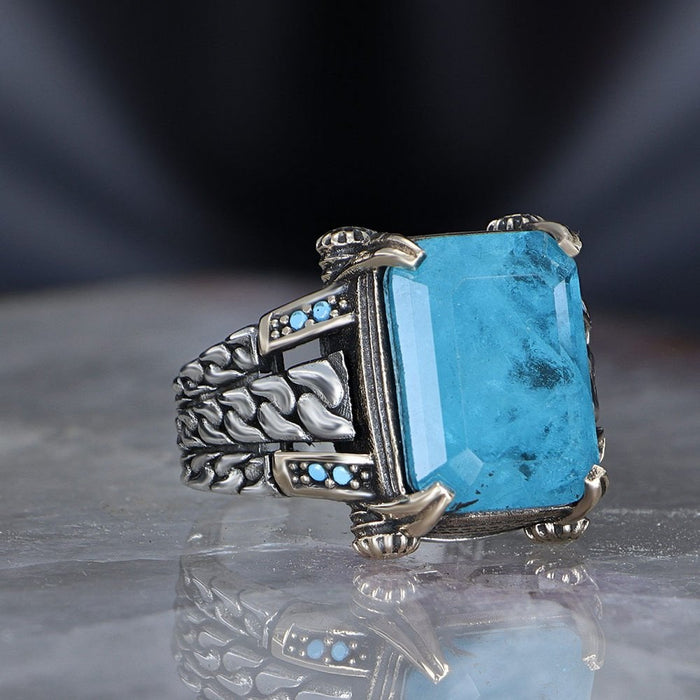 Tesbihevim | Chain Series Men's Silver Ring with Paraiba Stone