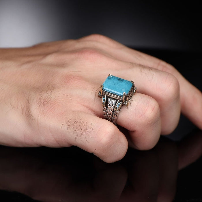 Tesbihevim | Chain Series Men's Silver Ring with Blue Topaz Stone