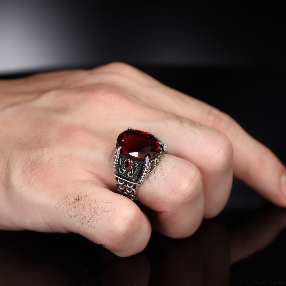 Tesbihevim | Chain Series Men's Silver Ring with Zircon Stone - TryAladdin