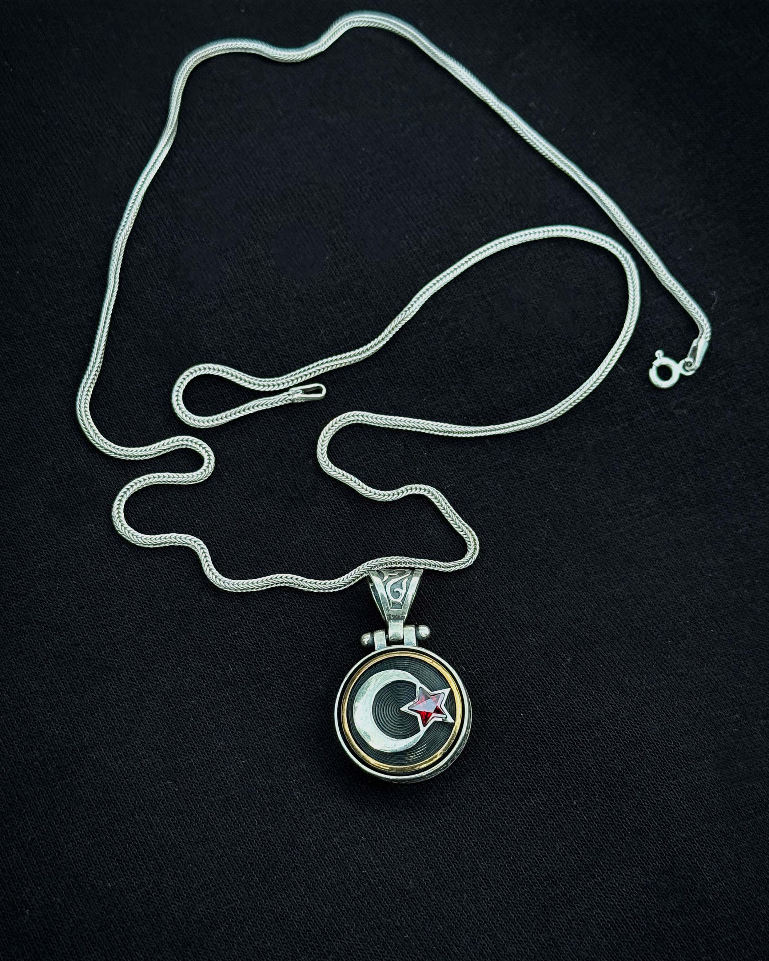 Sterling Silver Crescent & Star Necklace with Rotating Red Stone