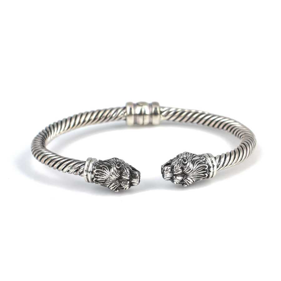 925 Sterling Silver Men's Bracelet - Maned Lion Head Twisted Cable