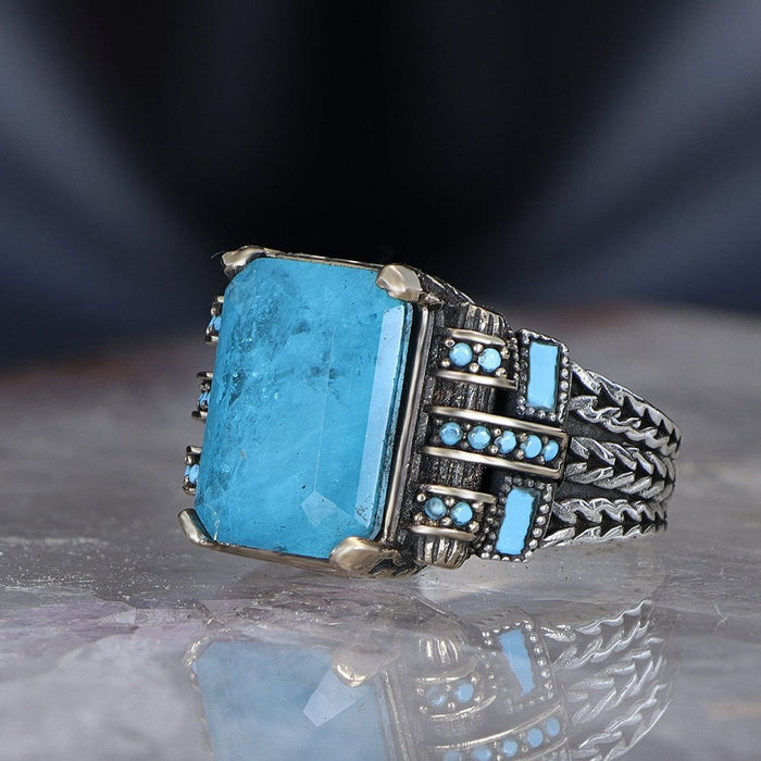 Tesbihevim | Chain Series Men's Silver Ring with Blue Topaz Stone