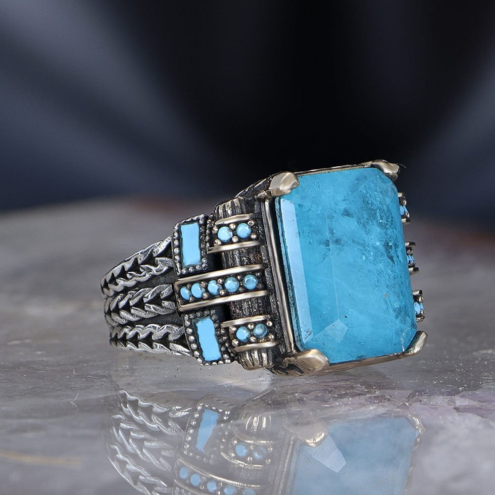 Tesbihevim | Chain Series Men's Silver Ring with Blue Topaz Stone