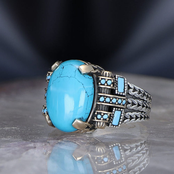 Tesbihevim | Chain Series Men's Silver Ring with Turquoise Stone