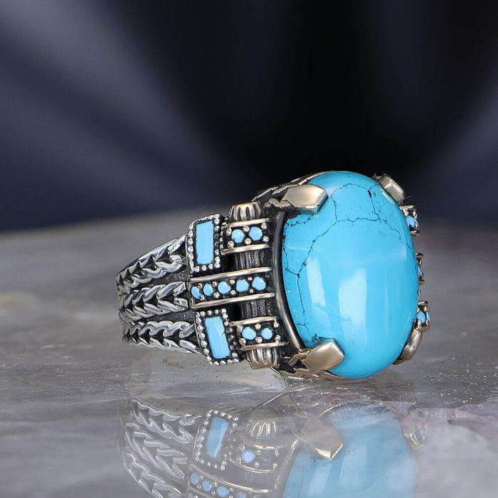 Tesbihevim | Chain Series Men's Silver Ring with Turquoise Stone