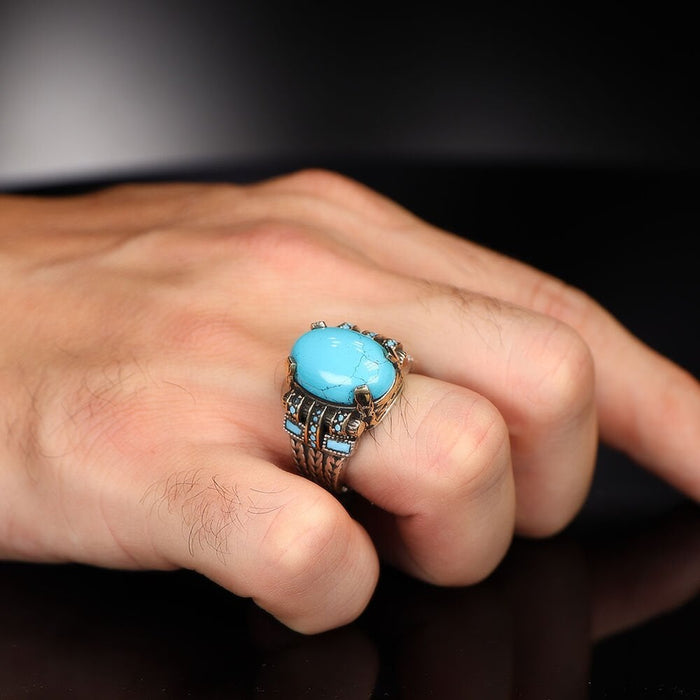 Tesbihevim | Chain Series Men's Silver Ring with Turquoise Stone