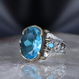 Tesbihevim | Chain Series Men's Silver Ring with Blue Topaz Stone