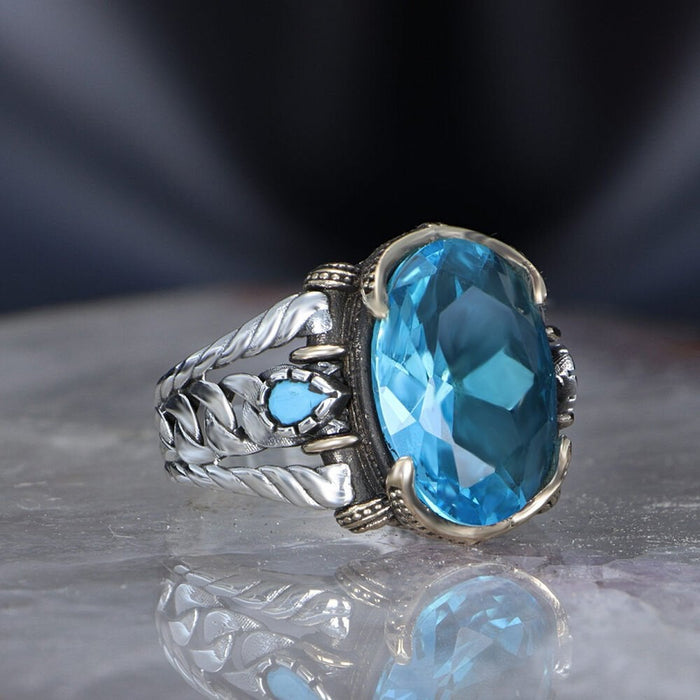 Tesbihevim | Chain Series Men's Silver Ring with Blue Topaz Stone