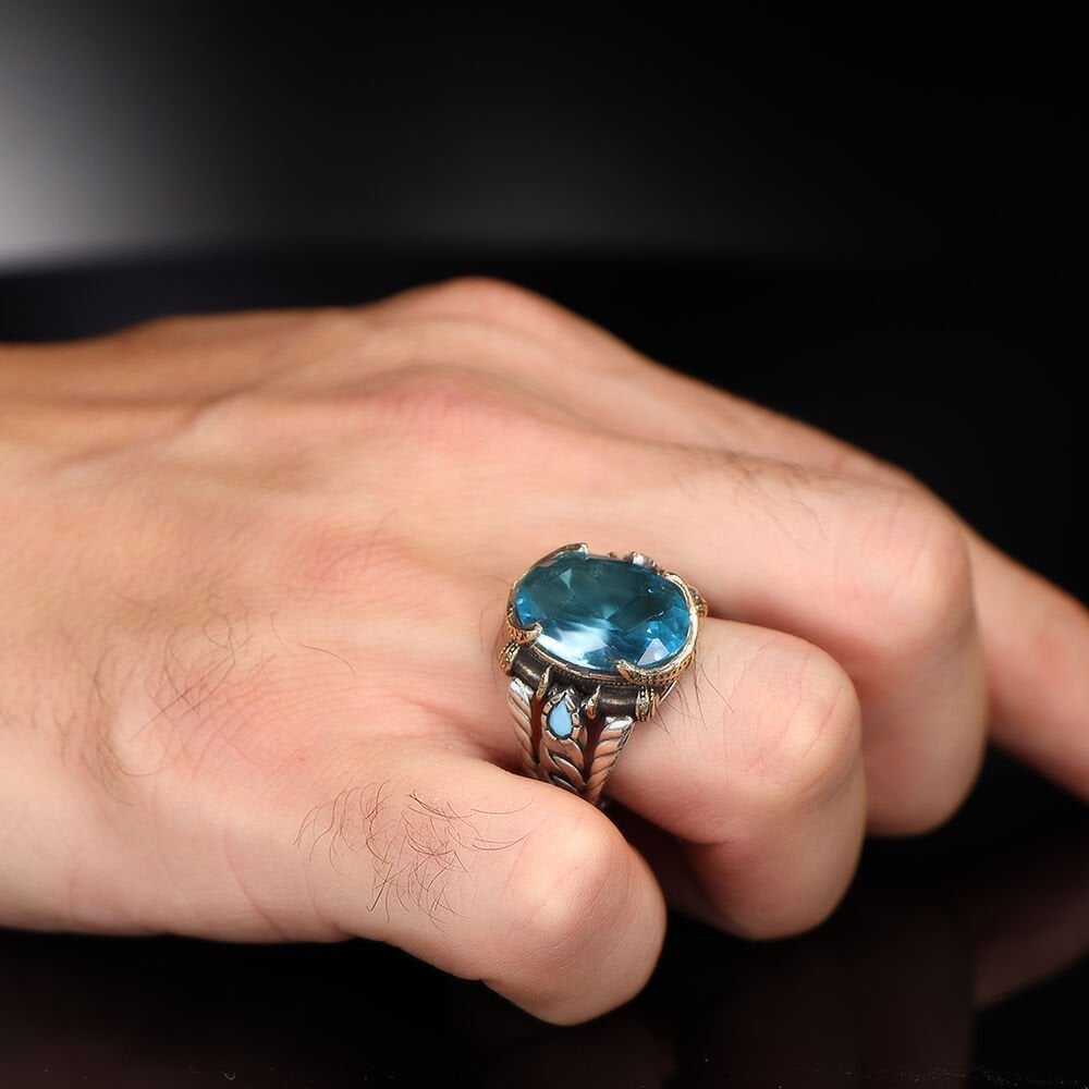 Tesbihevim | Chain Series Men's Silver Ring with Blue Topaz Stone