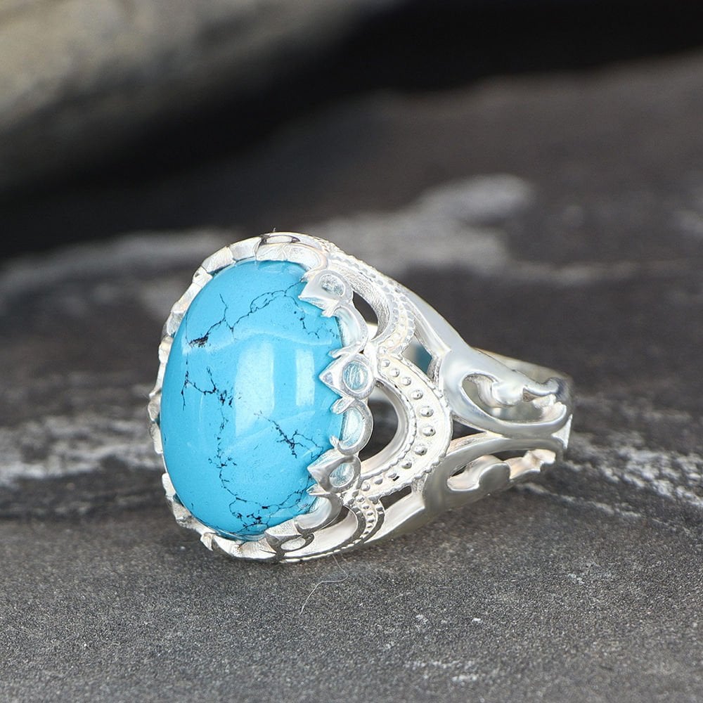 Tesbihevim | Men's Silver Ring with Turquoise Stone