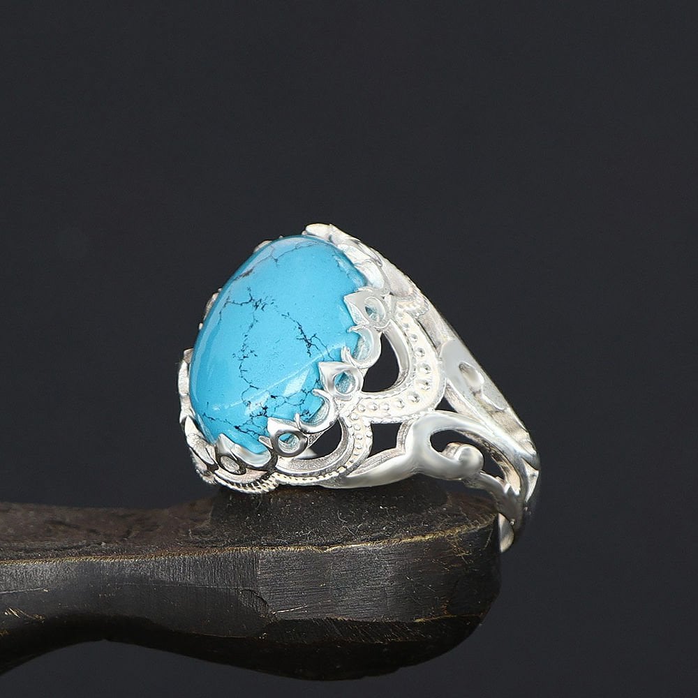 Tesbihevim | Men's Silver Ring with Turquoise Stone