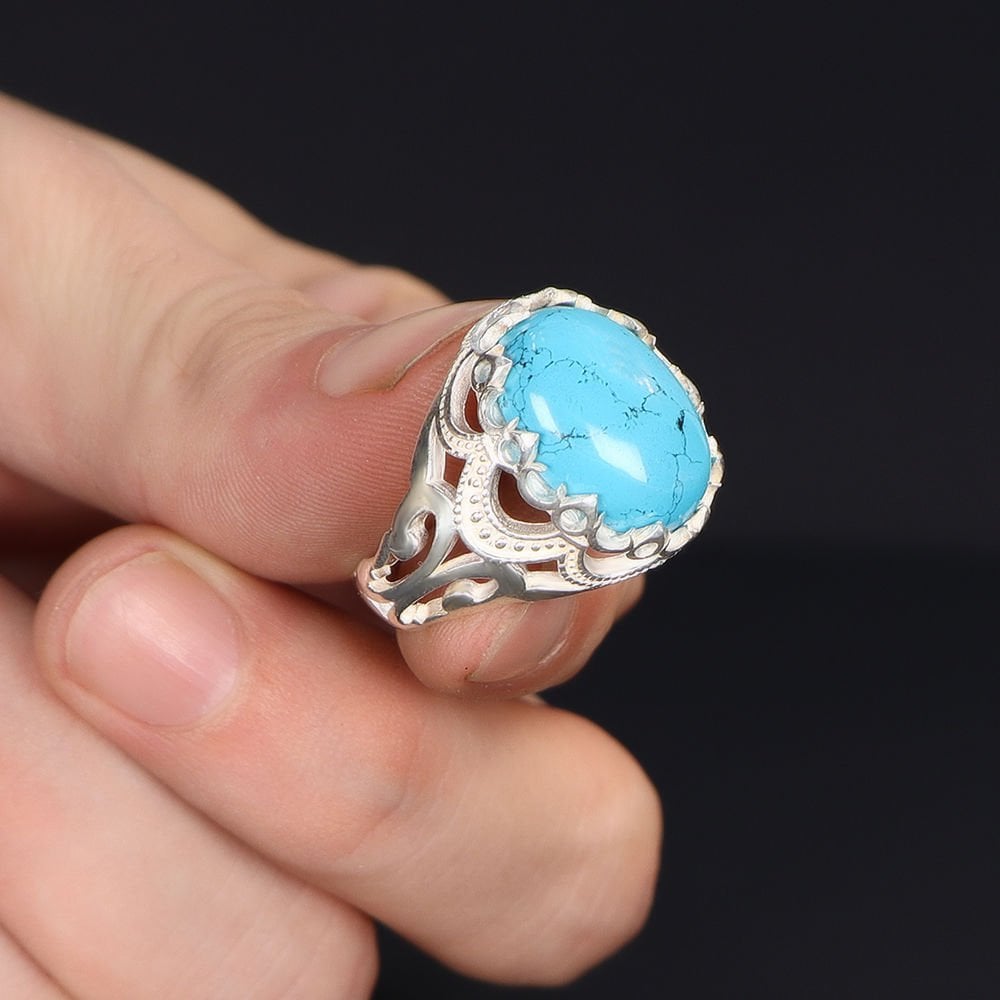 Tesbihevim | Men's Silver Ring with Turquoise Stone