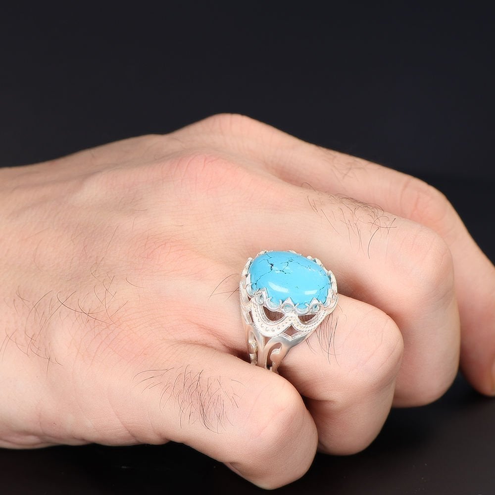 Tesbihevim | Men's Silver Ring with Turquoise Stone