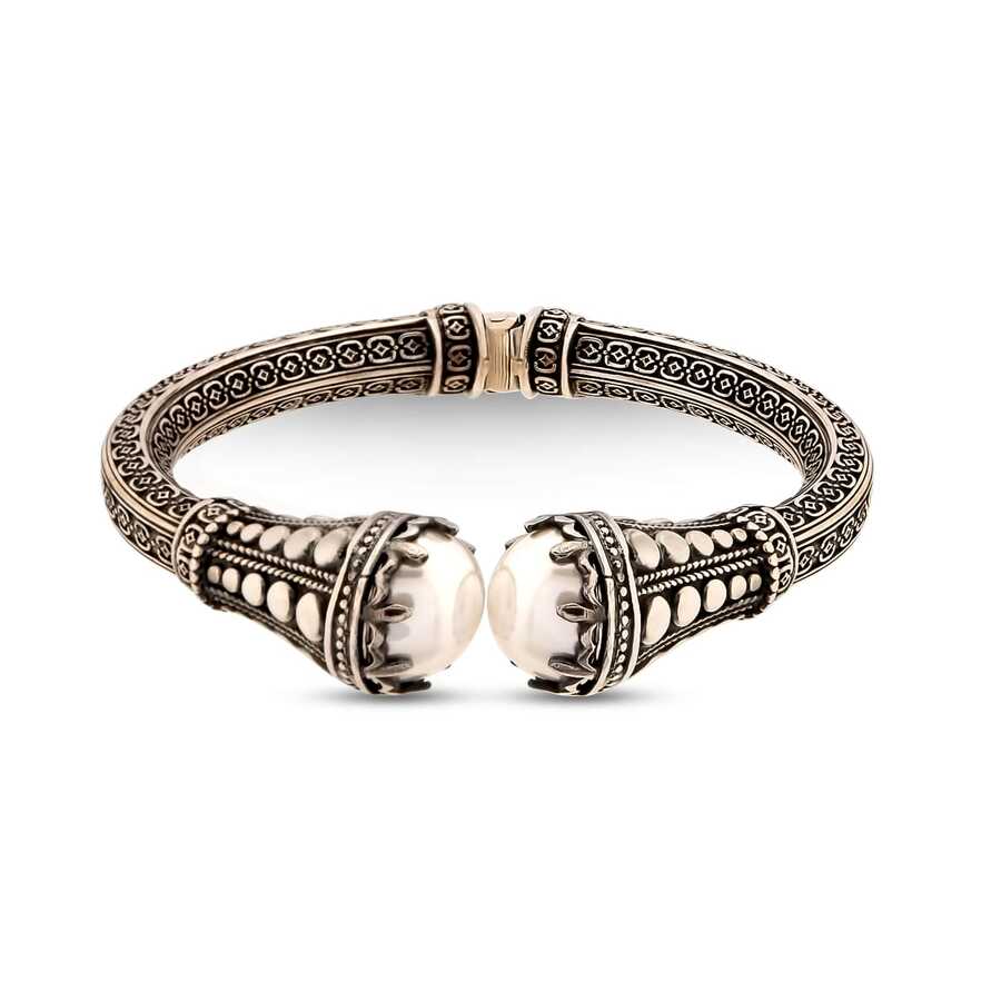 925 Sterling Silver Mabe Pearl Bracelet - Ancient Byzantine Style