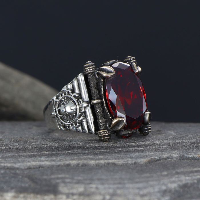 Tesbihevim | Men's Silver Ring with Red Zircon Stone