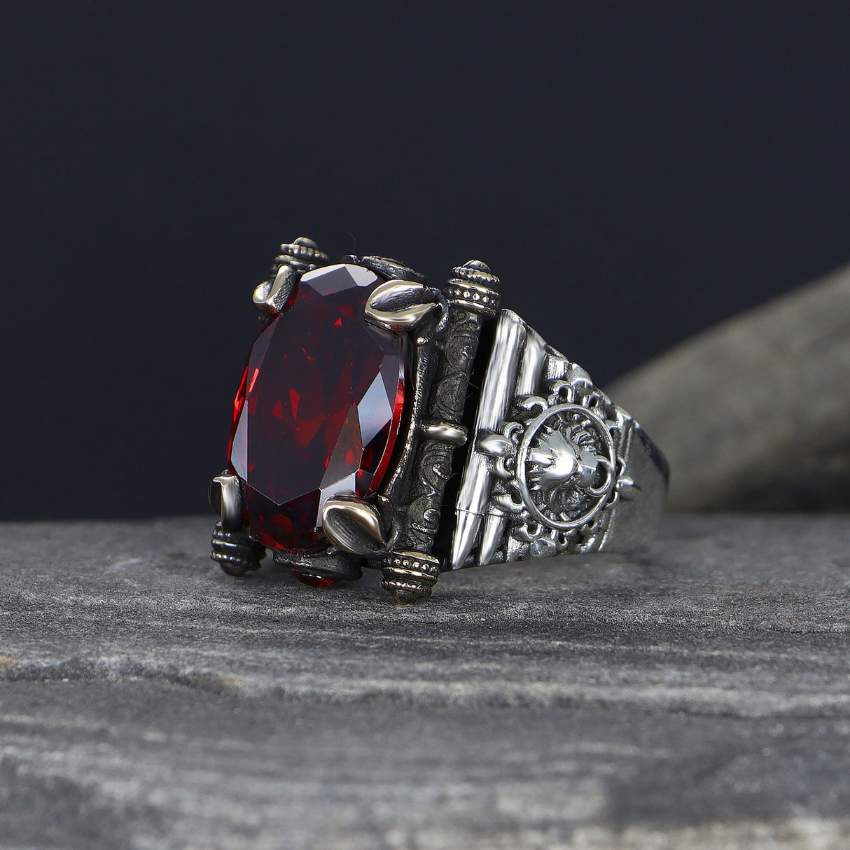 Tesbihevim | Men's Silver Ring with Red Zircon Stone