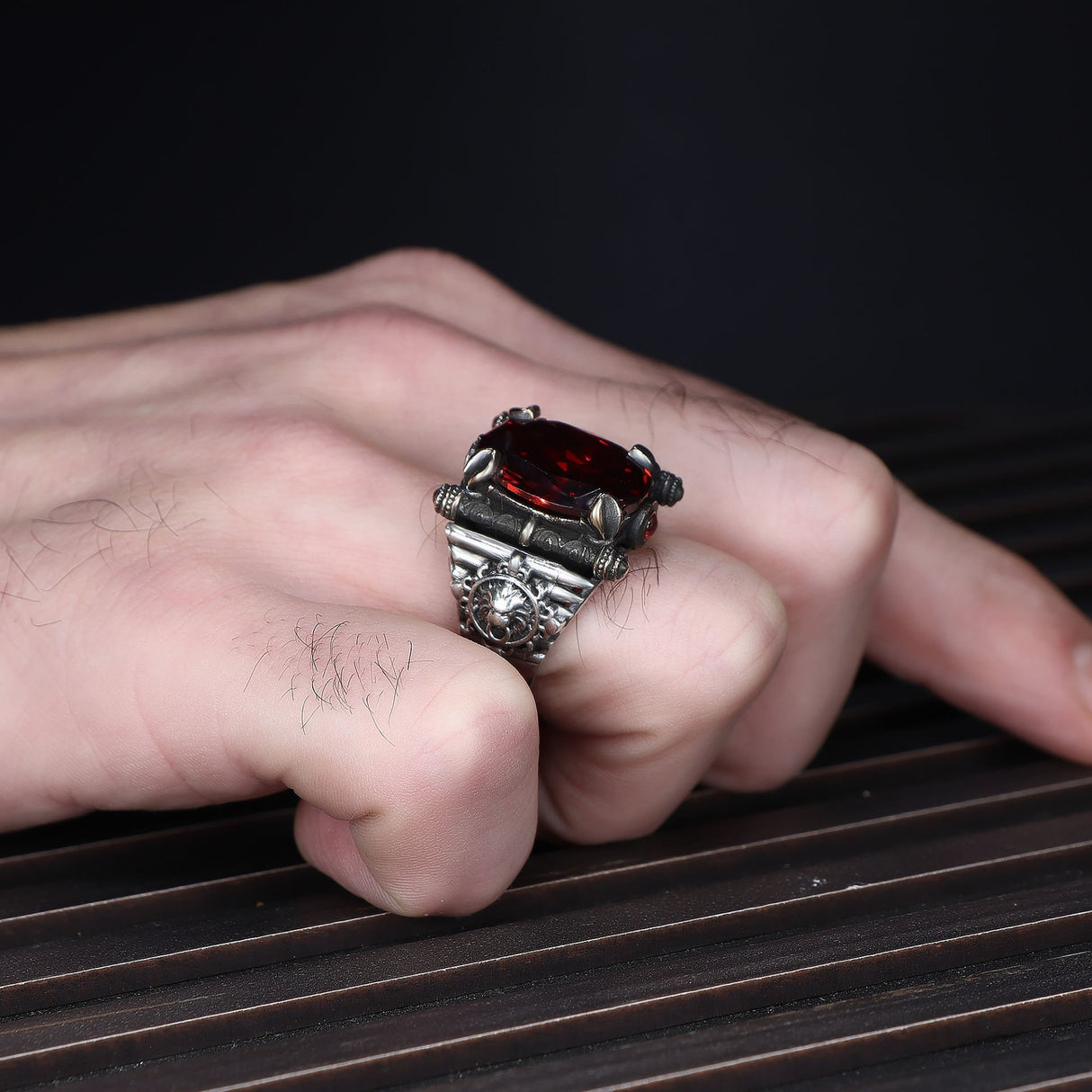 Tesbihevim | Men's Silver Ring with Red Zircon Stone