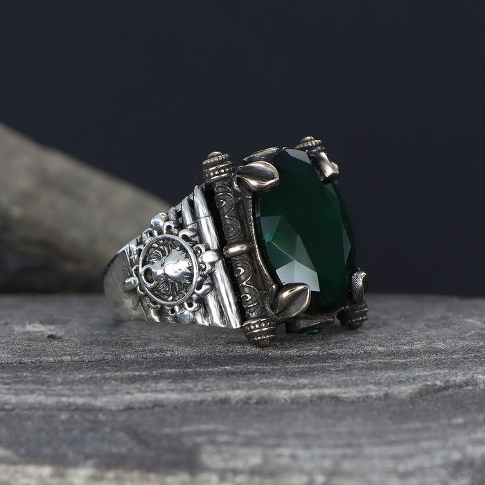 Tesbihevim | Men's Silver Ring with Green Zircon Stone