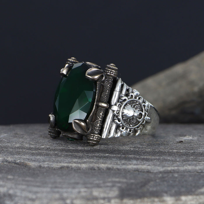 Tesbihevim | Men's Silver Ring with Green Zircon Stone