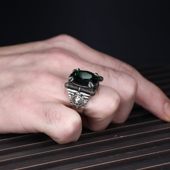 Tesbihevim | Men's Silver Ring with Green Zircon Stone