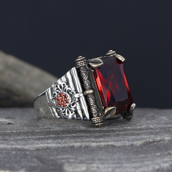 Tesbihevim | Men's Silver Ring with Red Zircon Stone