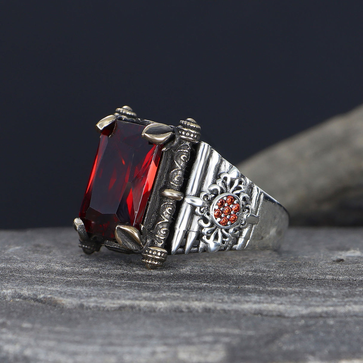 Tesbihevim | Men's Silver Ring with Red Zircon Stone