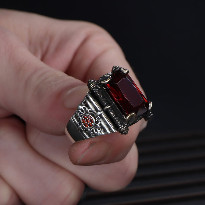 Tesbihevim | Men's Silver Ring with Red Zircon Stone