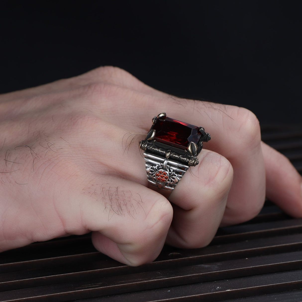 Tesbihevim | Men's Silver Ring with Red Zircon Stone