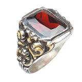 Sterling Silver Men's Ring - Hand-Engraved Column & Faceted Red Ruby