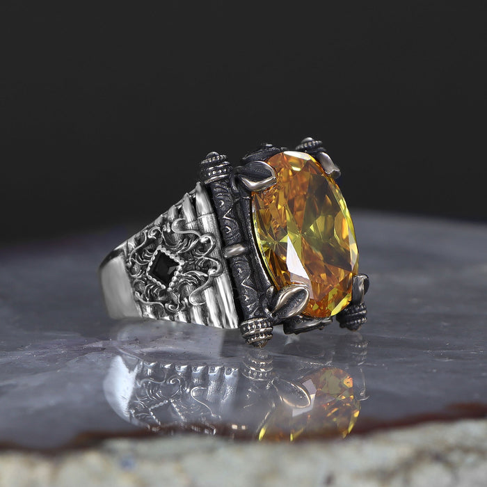 Tesbihevim | Men's Silver Ring with Citrine Stone