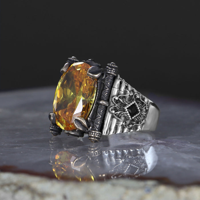 Tesbihevim | Men's Silver Ring with Citrine Stone