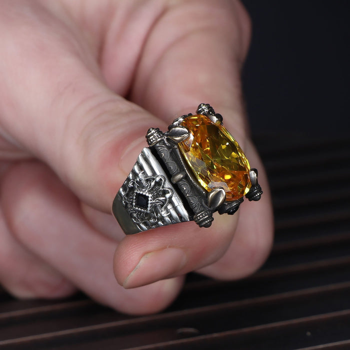 Tesbihevim | Men's Silver Ring with Citrine Stone