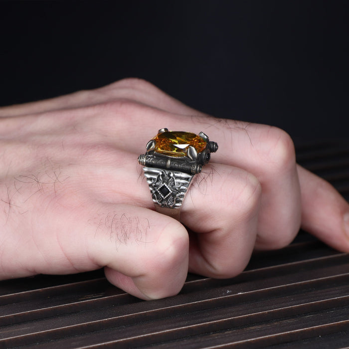 Tesbihevim | Men's Silver Ring with Citrine Stone