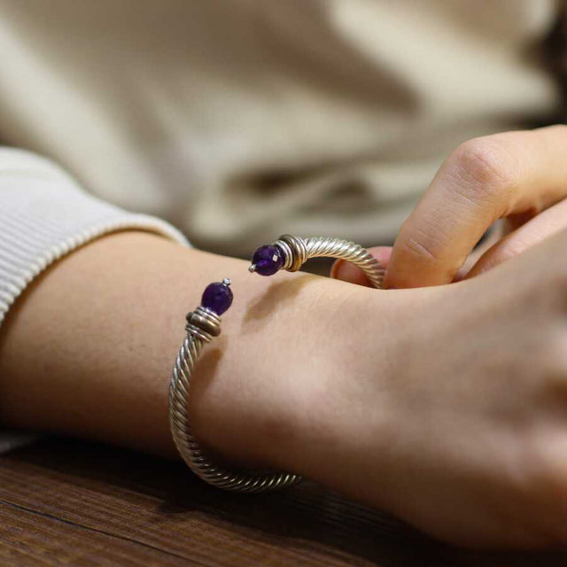 925 Sterling Silver Amethyst Men's Bracelet - Twisted Spring Design