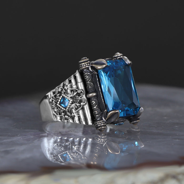 Tesbihevim | Men's Silver Ring with Aqua Marin Stone