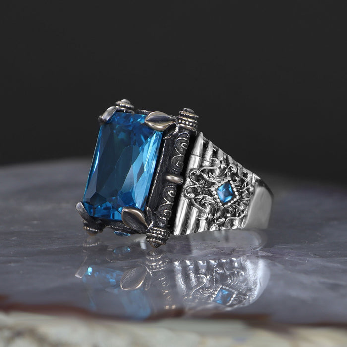 Tesbihevim | Men's Silver Ring with Aqua Marin Stone