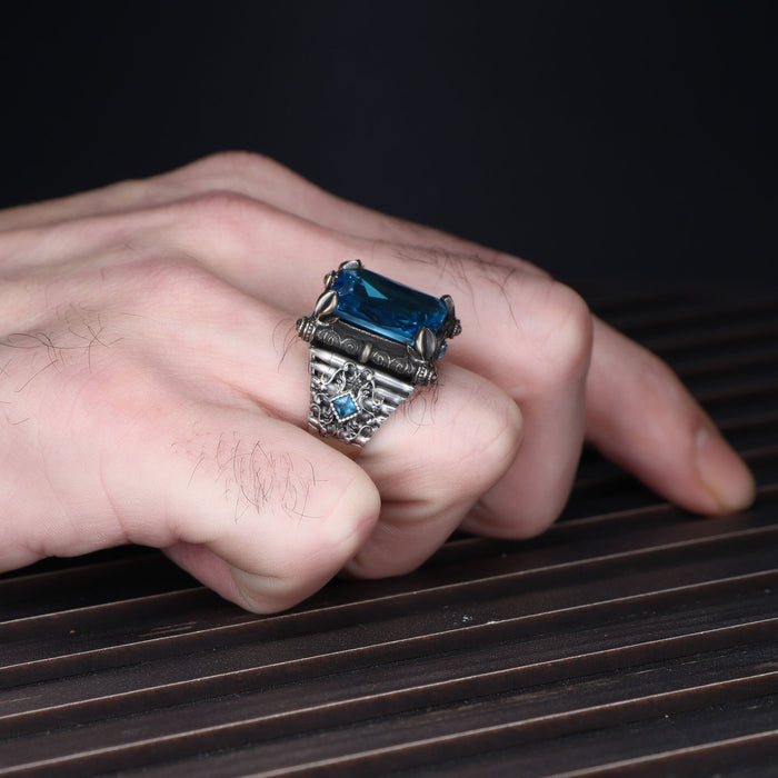 Tesbihevim | Men's Silver Ring with Aqua Marin Stone