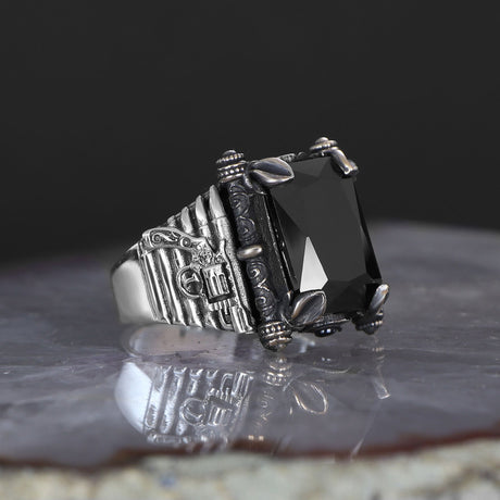 Tesbihevim | Armed Model Silver Ring with Zircon Stone for Men