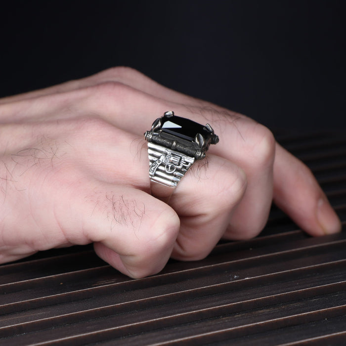 Tesbihevim | Armed Model Silver Ring with Zircon Stone for Men