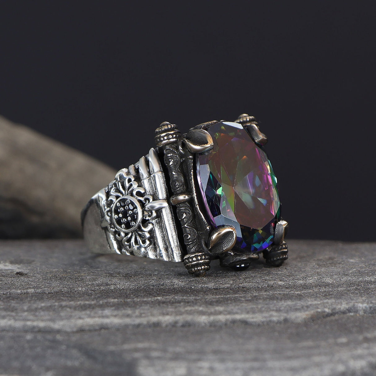 Tesbihevim | Men's Silver Ring with Mystic Topaz Stone